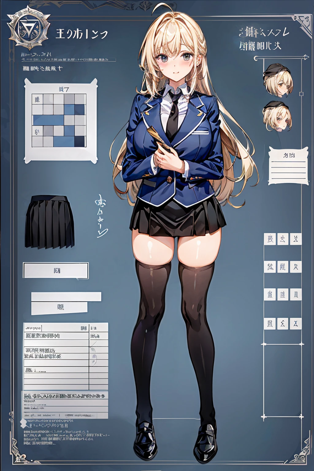 girl, alone, whole body, From head to toe, Are standing, (Huge_chest:1.3),

Character design sheet, Character Reference Sheet, 設計図のSchematic, Drafting, Blueprint, Schematic,
((Character design sheet:1.7, Character Reference Sheet:1.7,)),

anime/cartoon character wearing a girls , 1girl, alone, Thigh-high socks, blazer burezaa (blazer), Ahoge, Long Hair, bow, , shoes, loafers, ribbon, (Very short skirt:1.4), (panties:1.5),, (Good:1.7),(In underwear:1.8),nsfw,Full nudity、