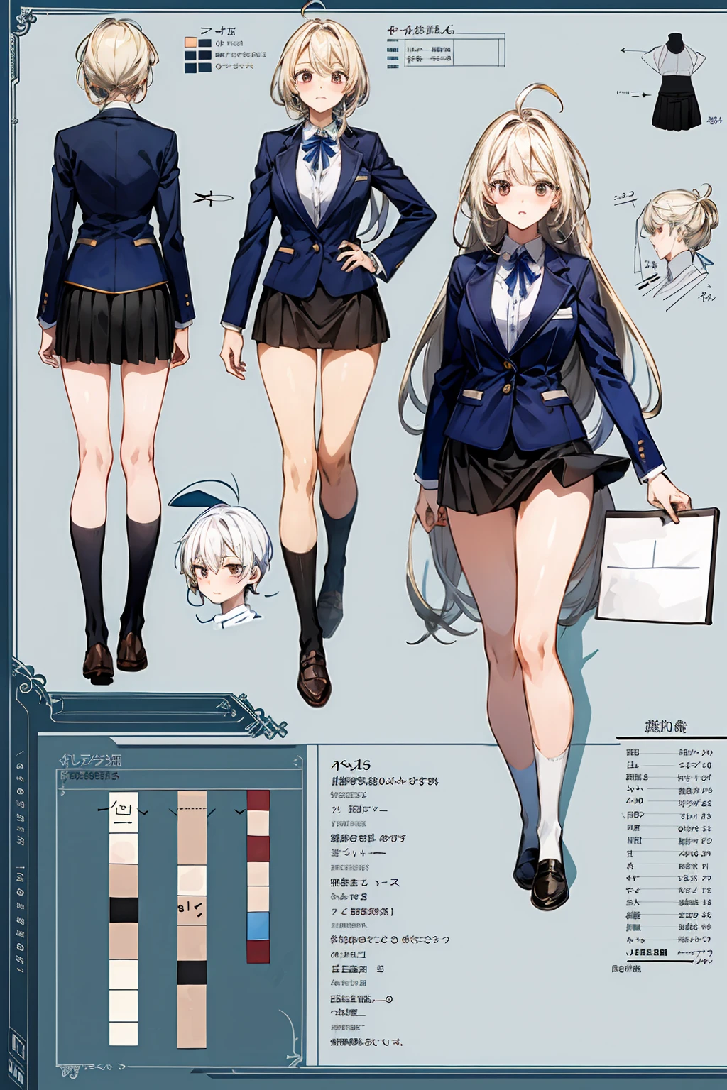 girl, alone, whole body, From head to toe, Are standing, (Huge_chest:1.3), Character design sheet, Character Reference Sheet, 設計図のSchematic, Drafting, Blueprint, Schematic, ((Character design sheet:1.7, Character Reference Sheet:1.7,)), anime/cartoon character wearing a girls , 1girl, alone, Thigh-high socks, blazer burezaa (blazer), Ahoge, Long Hair, bow, , shoes, loafers, ribbon, (Very short skirt:1.6), , (good:1.5),