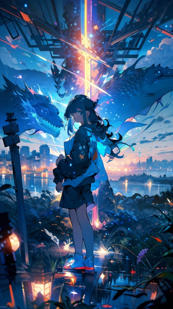 masterpiece, Exquisite detail,Highest quality, One girl, alone, handrail, cloud, Looking up at the buildings,Long Hair, zero, Long sleeve, Power lines, White footwear, Black Hair, View your viewers, Electric pole, bangs, cloudy zero, fish, bird, Green Eyes, Shorts, Day, Black Shirt, barefoot,Whale flying in the sky,Giant whale,night,Star,milky way,night,Pitch black,Buildings,standing and looking up at the sky,painting