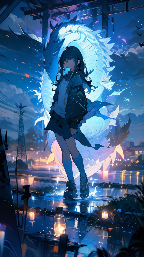 masterpiece, Exquisite detail,Highest quality, One girl, alone, handrail, cloud, Looking up at the buildings,Long Hair, zero, Long sleeve, Power lines, White footwear, Black Hair, View your viewers, Electric pole, bangs, cloudy zero, fish, bird, Green Eyes, Shorts, Day, Black Shirt, barefoot,Whale flying in the sky,Giant whale,night,Star,milky way,night,Pitch black,Buildings,standing and looking up at the sky,painting