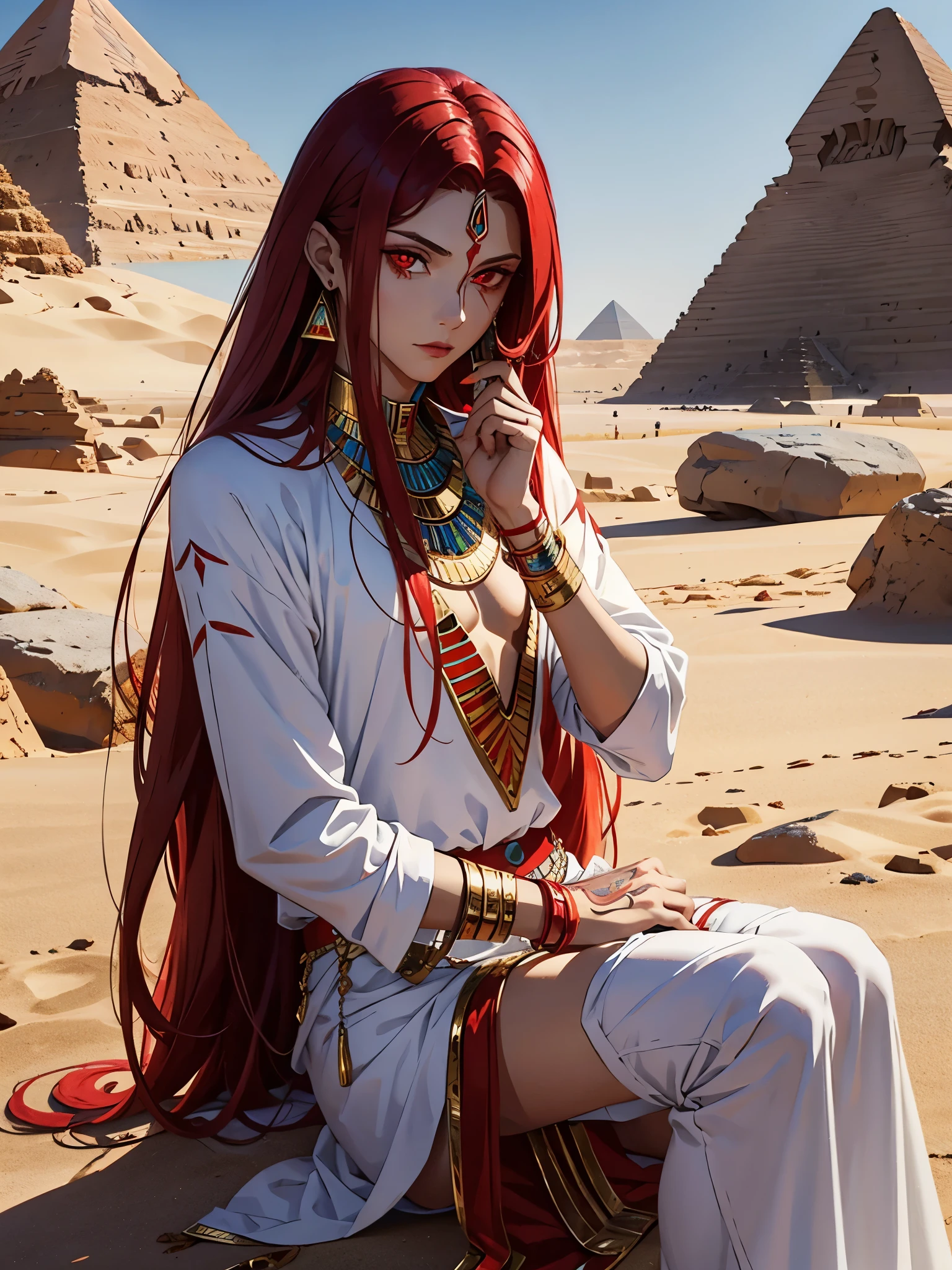 Egyptian deity Seth. long red hair, White clothing, red clothes. silver jewelry. light skin. Desert. Thron. Tattoos, Egyptian. red eye. Rotes Make Up. Feminin man.