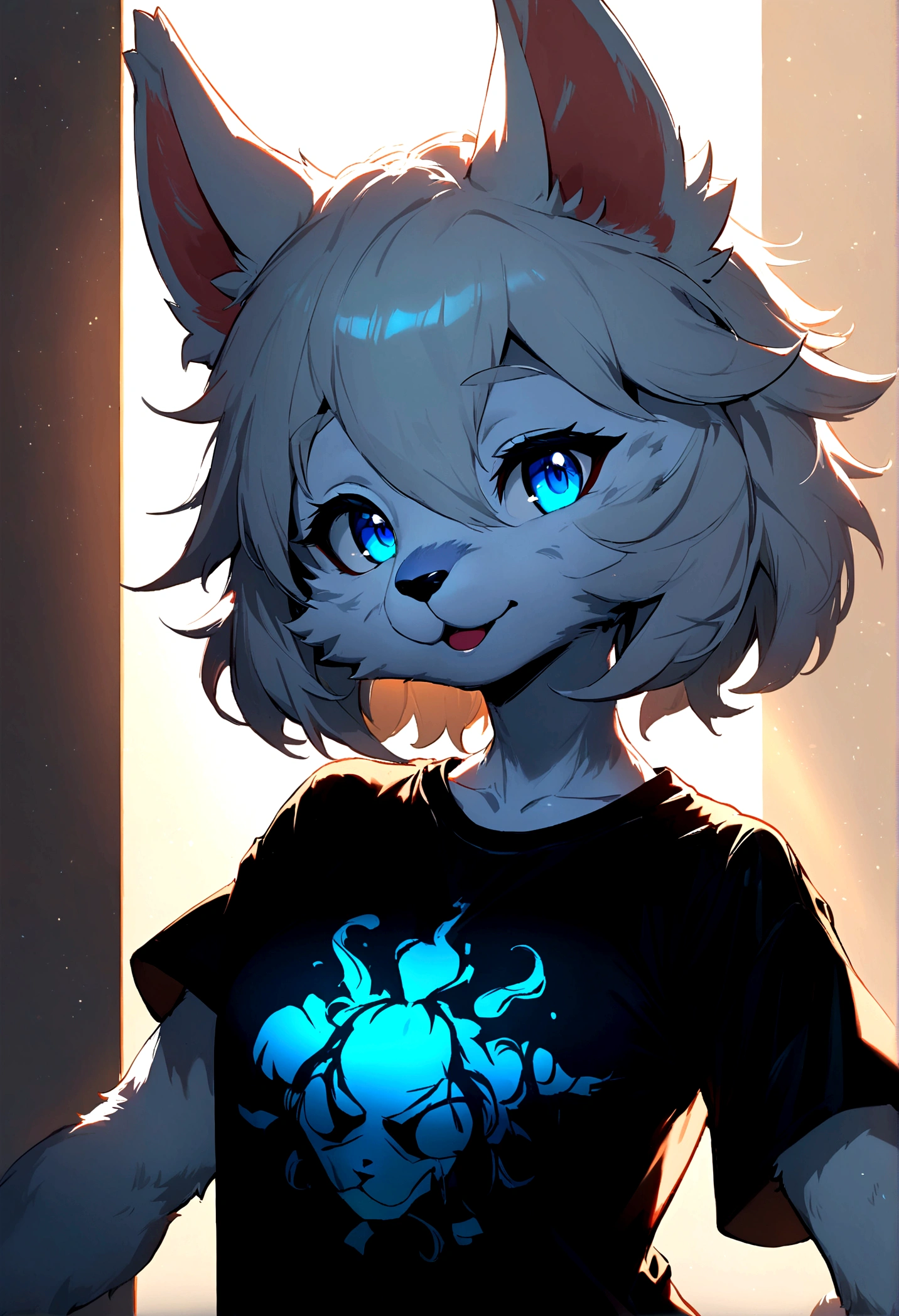 Female gender,furry, White skin, ultra cute face, elements in the skin, shiny t-shirt, Beautiful lights and shadows, ambient light, Ultra detailed skin, volumetric light