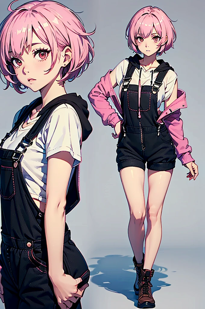 8k, original, 1girl, solo, hd, absurdres, anime style, 2d, celshade style, digital art, solid color background, (short hair, ((pixie cut)) hair, messy hair, pink hair), wearing ((casual (pink hoodie), ((black dungarees)) and short (skirt), and brown eyes iris))