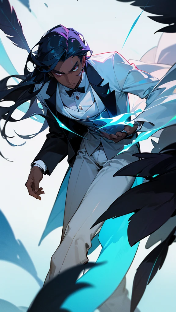 A captivating Dutch-shot of a dark-skinned villain boy with a white tuxedo, his magnificent red crystalline cyan eyes awakening and emitting a radiant reflective cyan light, against a background of falling crow's feathers, 4k, UHD, HDR, ultra-detailed, realistic, photorealistic, sharp focus, physically-based rendering, vivid colors, studio lighting, masterpiece