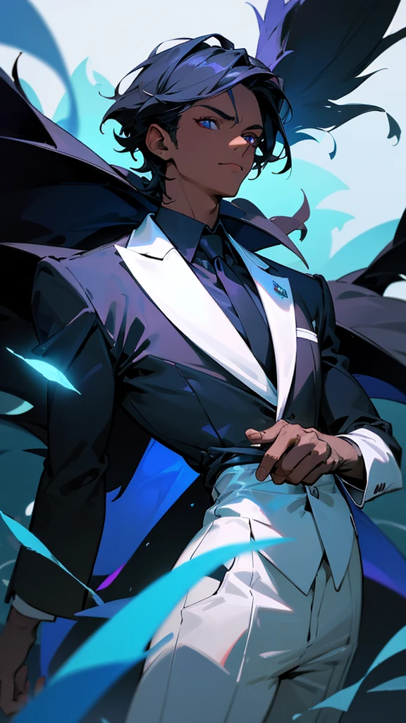 A captivating Dutch-shot of a dark-skinned villain boy with a white tuxedo, his magnificent red crystalline cyan eyes awakening and emitting a radiant reflective cyan light, against a background of falling crow's feathers, 4k, UHD, HDR, ultra-detailed, realistic, photorealistic, sharp focus, physically-based rendering, vivid colors, studio lighting, masterpiece
