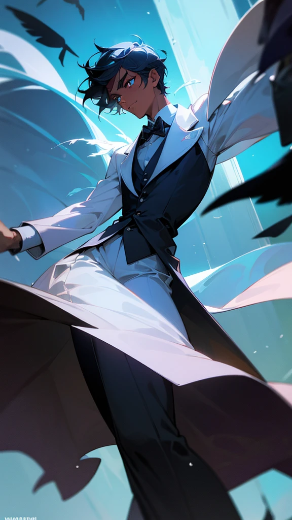 A captivating Dutch-shot of a dark-skinned villain boy with a white tuxedo, his magnificent red crystalline cyan eyes awakening and emitting a radiant reflective cyan light, against a background of falling crow's feathers, 4k, UHD, HDR, ultra-detailed, realistic, photorealistic, sharp focus, physically-based rendering, vivid colors, studio lighting, masterpiece
