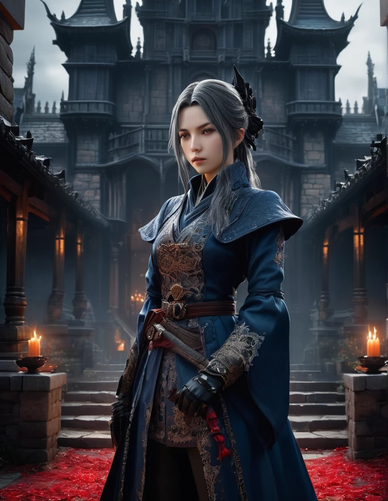 quality(8k wallpaper of extremely detailed CG unit, masterpiece, hight resolution, top-quality, top-quality real texture skin,hyper realisitic, digitial painting,increase the resolution,RAW photos,best qualtiy,highly detailed,the wallpaper),BREAK,8K, Girl, Dvd 80 bloodborne darkfantasy, onmyoji-style art, standing in middle of ghotic castle