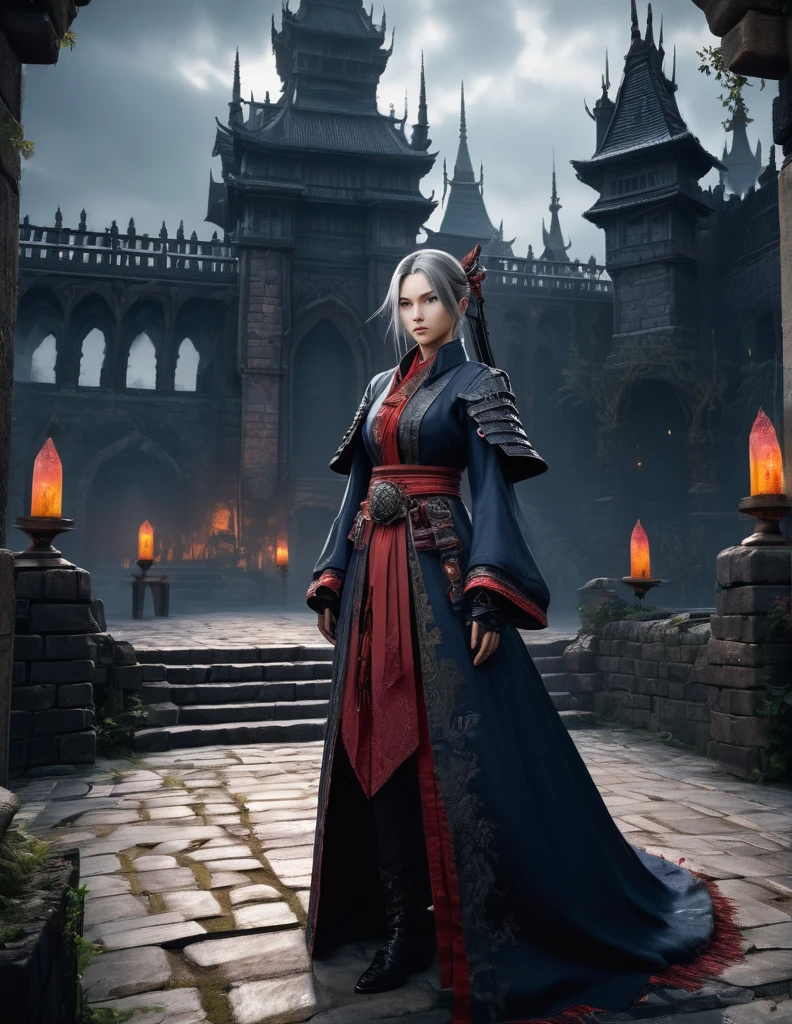 quality(8k wallpaper of extremely detailed CG unit, ​masterpiece, hight resolution, top-quality, top-quality real texture skin,hyper realisitic, digitial painting,increase the resolution,RAW photos，best qualtiy,highly detailed,the wallpaper),BREAK,8K, Girl, Dvd 80 bloodborne darkfantasy, onmyoji-style art, standing in middle of ghotic castle 