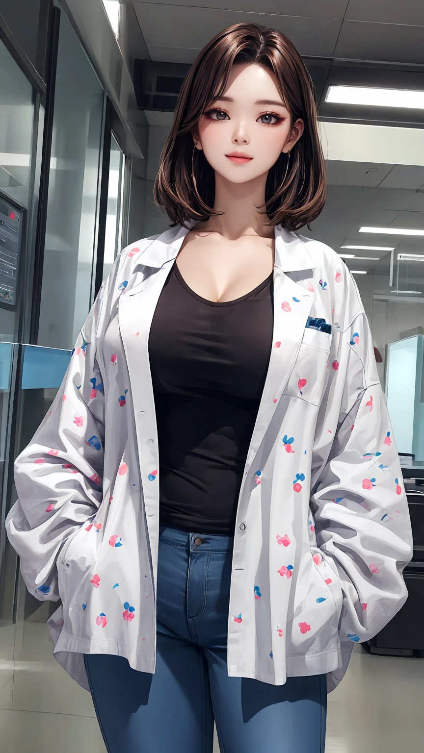 (best quality, masterpiece:1.2), Perfect body, Wide hips, Large Breasts, Printed shirt, jacket, Pants, Big cities, Random combinations, Energetic, 8K, Ultra HD, Human Development Report, Photobioreactor