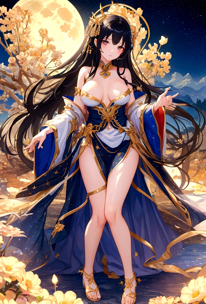 (masterpiece)、(best quality)、(Very detailed)、(Best Anatomy)、Official Art、蓝色系短裙girl、 Black hair、 girl、Shoulders exposed、Beautiful breasts、Dreamy starry sky,Dreamy bright full moon,Full body picture 3D,Front view