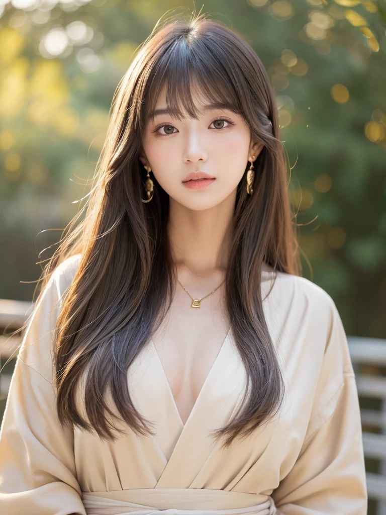  ((Highest quality, 8K, masterpiece:1.3)), concentrate: 1.2, Perfect body beauty: 1.4, Hips: 1.2, ((Long Hair, chest: 1.2)), (Dry clothes: 1.1) , (clear, Simple Background:1.3), Simple clothes: 1.1, Highly detailed face and skin texture,Delicate eyes, double eyelid, Whitened skin, Rough skin、Long Hair、Earrings with bangs、necklace、 solo、Beige coat、White shirt,  (((Beautiful girl with cute Japan)))、  ((Beautiful Japanese girl 20 years old))、 (())、 (((Slender body)))、  Upper Body，Face focus、necklace，Simple Background，From above， Realistic Hair、 A photograph was taken:Canon EOS R6、135mm、1/1250 seconds、f2.8、ISO400、(Detailed explanation of the hand)、(Masseter muscle area)、(Exquisite CG)、Long Hair, loose and curly hair、Korean Hair、Long Hair明るいベージュ色、グラデーションハイライトグレージュのゆるふわLong Hairスタイル、