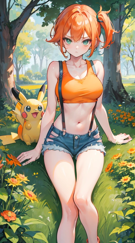 masterpiece,High resolution,8K,Detailed anatomy
(Misty_Pokemon)(1 18-year-old girl)
(Berry Short,Orange Hair,one side up hair,Big green eyes,Small breasts,Skinny)
(Yellow sleeveless T-shirt,Belly button exposed,Denim hot pants,Red suspenders,sneakers)
I can feel the spirit in my eyes.