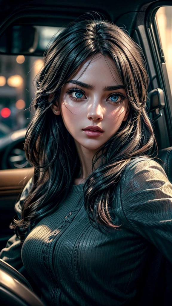 A girl driving a car, (((looking at her smartphone))), detailed face, beautiful girl, beautiful eyes, detailed skin, intricate details, photorealistic, cinematic lighting, dramatic lighting, vibrant colors, elegant, serene, realistic, hyper-detailed, masterpiece, highly detailed, 8k, best quality, cinematic, dramatic