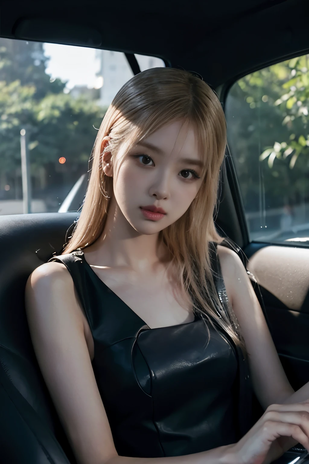 a beautiful blonde girl, detailed facial features, detailed eyes and lips, gorgeous girl, girl in car, girl in black dress, driving a car, detailed car interior, leather car seats, sunlight through car window, cinematic lighting, vibrant colors, photorealistic, 8k, high quality, hyper detailed