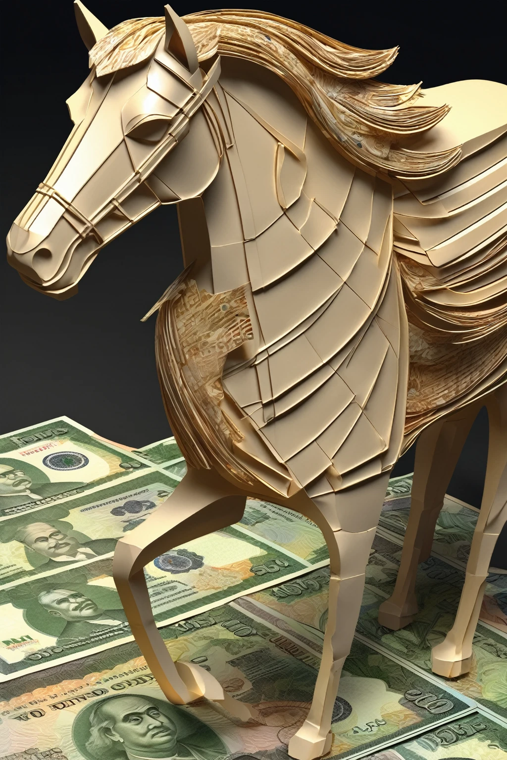 Create a realistic and detailed visual of an Indian currency note intricately folded into the shape of a horse,