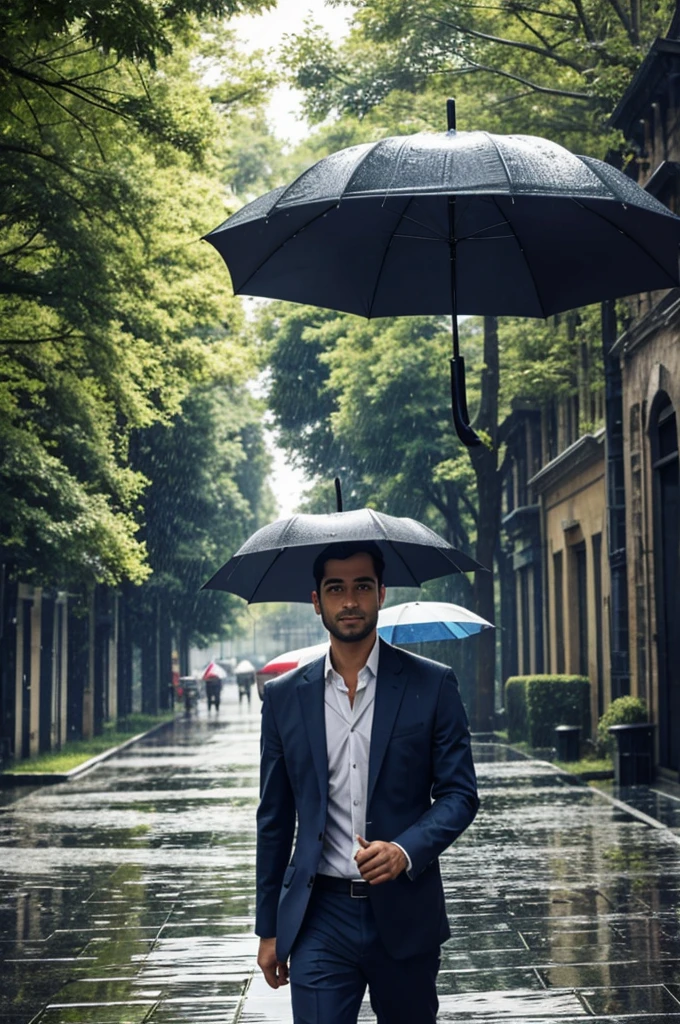 Man holding umbrella during sunny day but raining