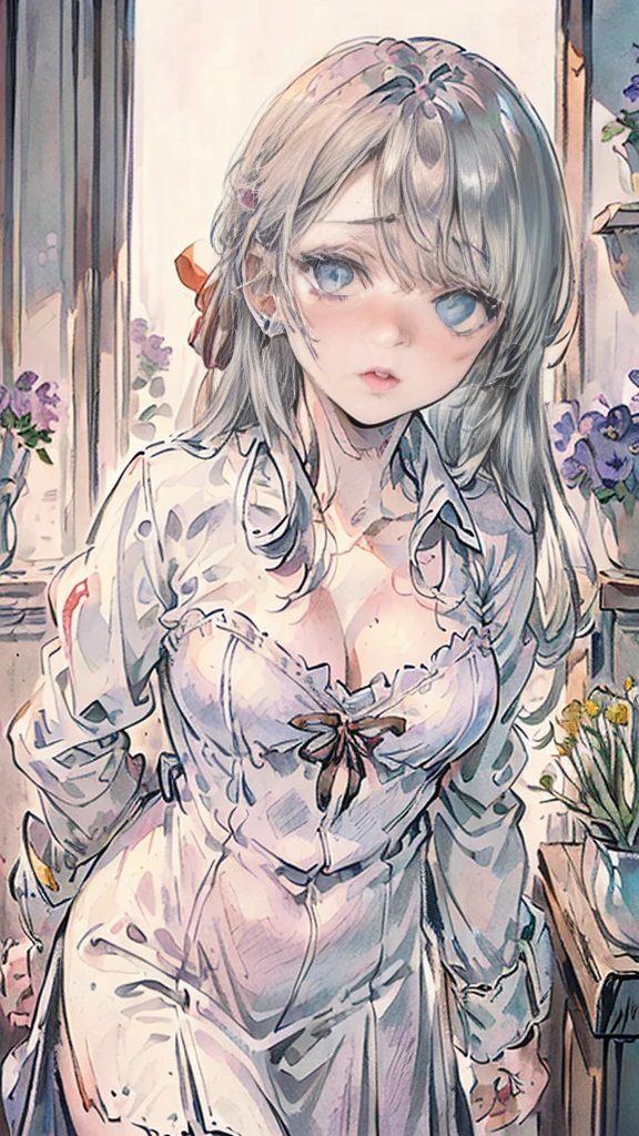 (Best Quality, 8k, High Definition, High Definition, Graphic:2.0), (Solo, One Girl:2.0), (Shot with Flash:1.9), (Brighten Subject:1.8), (Ultimate Beautiful Girl:2.0), (Glossy Skin), (Oily Skin), (Silver Hair Girl:1.5), (Long Hairstyles:1.5) (one aphtha hair on the top of her hair and red braid stop on the right side)(Cool Beauty:2. 0),(blush brown makeup , dark eye makeup , pink gloss lip),(patchy eyes:1.5),(droopy eyes:1.5),(blue eyes),(thin eyes:1.5),(baby face),(sexy),(sweet scent ),(photographed in front of a flower shop:1.8),(girl holding a white rose in a flower shop:1. 3),(she blushes very shyly),chuuChloe,(wearing a school uniform:1.5),(emphasis on cleavage)