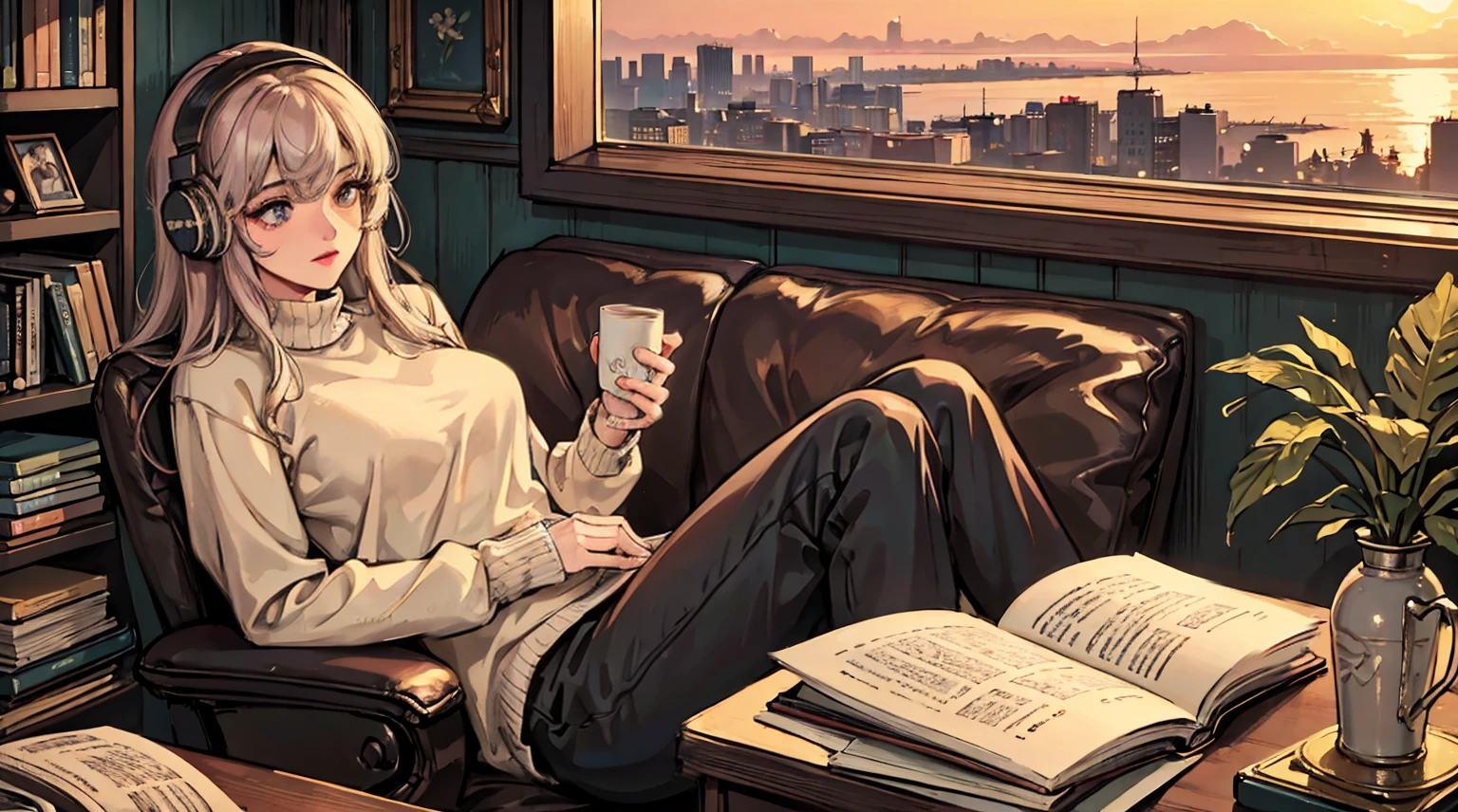 Highest quality,4K,8K,High resolution,masterpiece:1.2,Super detailed,Realistic:1.37,Beautiful attention to detail,Beautiful lip detail,Highly detailed eyes and face,Long eyelashes,One girl,Lo-fi Girl,Soft lighting,pastel colour,Dreamy atmosphere,Retro feel,Vintage Fashion,Vinyl Record Player,Dusty room,Relaxed pose,The aesthetics of film photography,Vignette,Soft Focus,Old books on the shelf,Houseplant,cassette tape,Coffee cup,Headphones,Digital Art,Laid back look,Warm and cozy,Cozy sweater,Candlelight,Neon Light,Sparkling sunset,Artistic atmosphere,A fantastic atmosphere