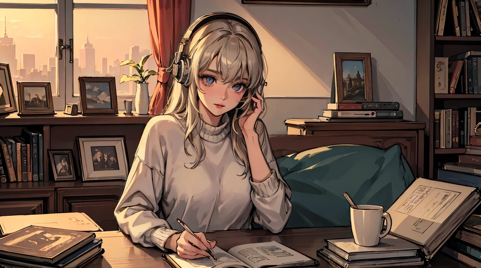 Highest quality,4K,8K,High resolution,masterpiece:1.2,Super detailed,Realistic:1.37,Beautiful attention to detail,Beautiful lip detail,Highly detailed eyes and face,Long eyelashes,One girl,Lo-fi Girl,Soft lighting,pastel colour,Dreamy atmosphere,Retro feel,Vintage Fashion,Vinyl Record Player,Dusty room,Relaxed pose,The aesthetics of film photography,Vignette,Soft Focus,Old books on the shelf,Houseplant,cassette tape,Coffee cup,Headphones,Digital Art,Laid back look,Warm and cozy,Cozy sweater,Candlelight,Neon Light,Sparkling sunset,Artistic atmosphere,A fantastic atmosphere