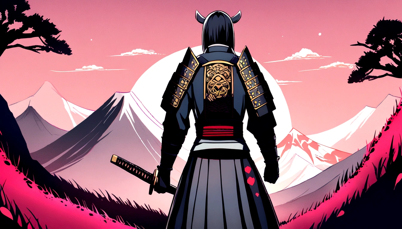 (Highest quality,High resolution:1.2),Super detailed,Traditional Japanese samurai armor,Back view,Severe,skilled swordsmanship,Classic Katana,The Samurai Code of Honor,Sacred Devotion,Authentic Japanese scenery,A quiet temple seen in the distance,Summer steppe,Subtle light and shadow,Sublime Art,Strokes,Thick black ink,Manga style,Traditional woodblock style,Vibrant colors,Delicate line drawing,Subtle incense scent,Serene atmosphere
