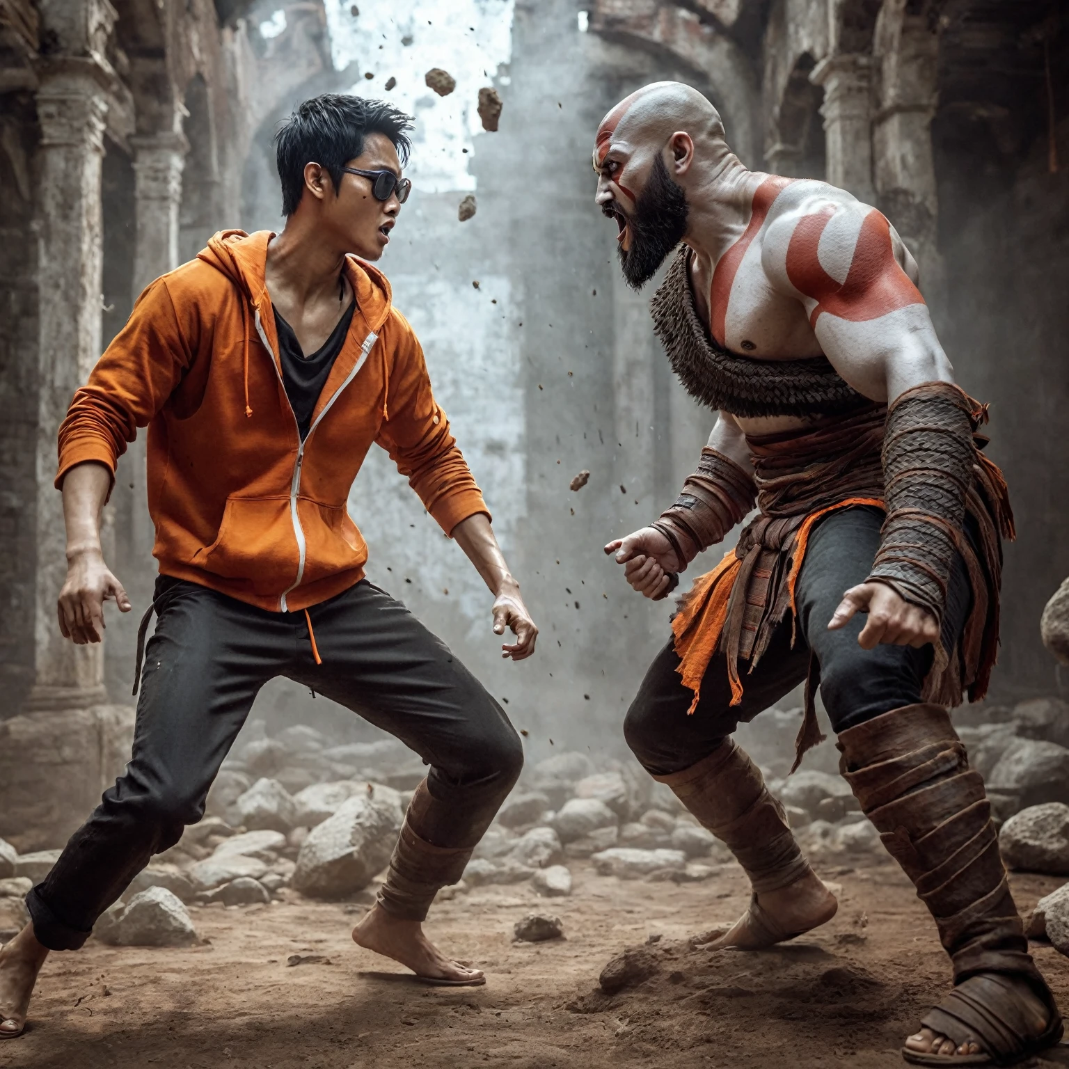 realistic photo, a fight scene , a man with a native Indonesian face, 25 years old, oval face, short side parted hair style, very thin body, sun glasses, wearing an orange hoodie, wearing black trousers, wearing black flip-flops, looks like he is fighting against Kratos,they face each other, the atmosphere is in the ruins of an old building, you can see stone particles flying around