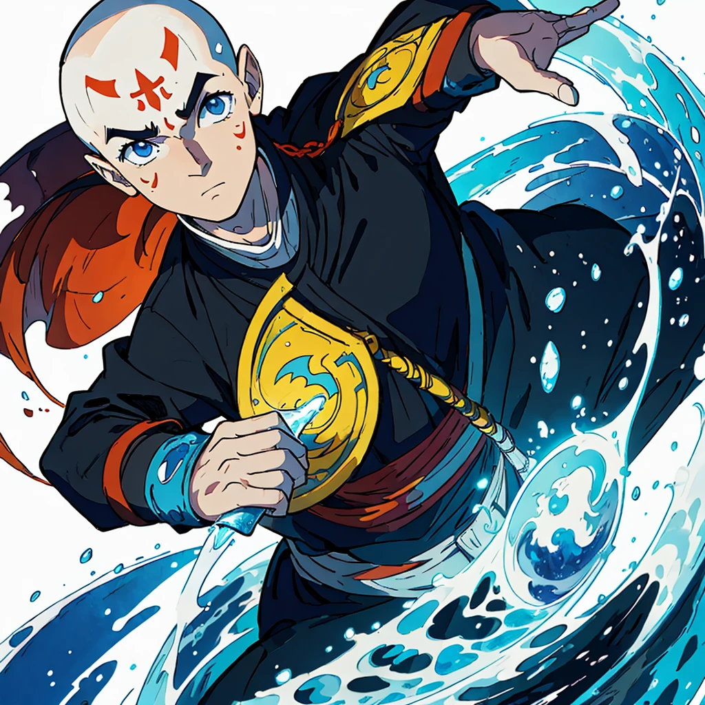 (best quality, masterpiece, colorful,highest detailed), (aang_avatar),solo, , aang_avatar, male, bald, dynamic, surrounded by the four elements (water, earth, fire, air), ((white background)),(high contrast, extreme detailed, highest detailed),
