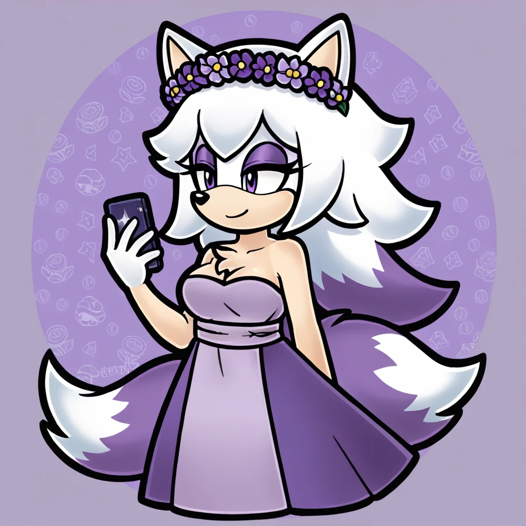 (score_9, score_8_up, 2d), sonic (series), anthro wolf girl, female, athletic body, white hair, fluffy hair, white body fur, chest fluff, long tail, fluffy tail, white muzzle, bangs, purple eyes, purple eyeshadow, oval eyes, medium breasts, wrapped in towel, holding phone, purple flower crown, smile.