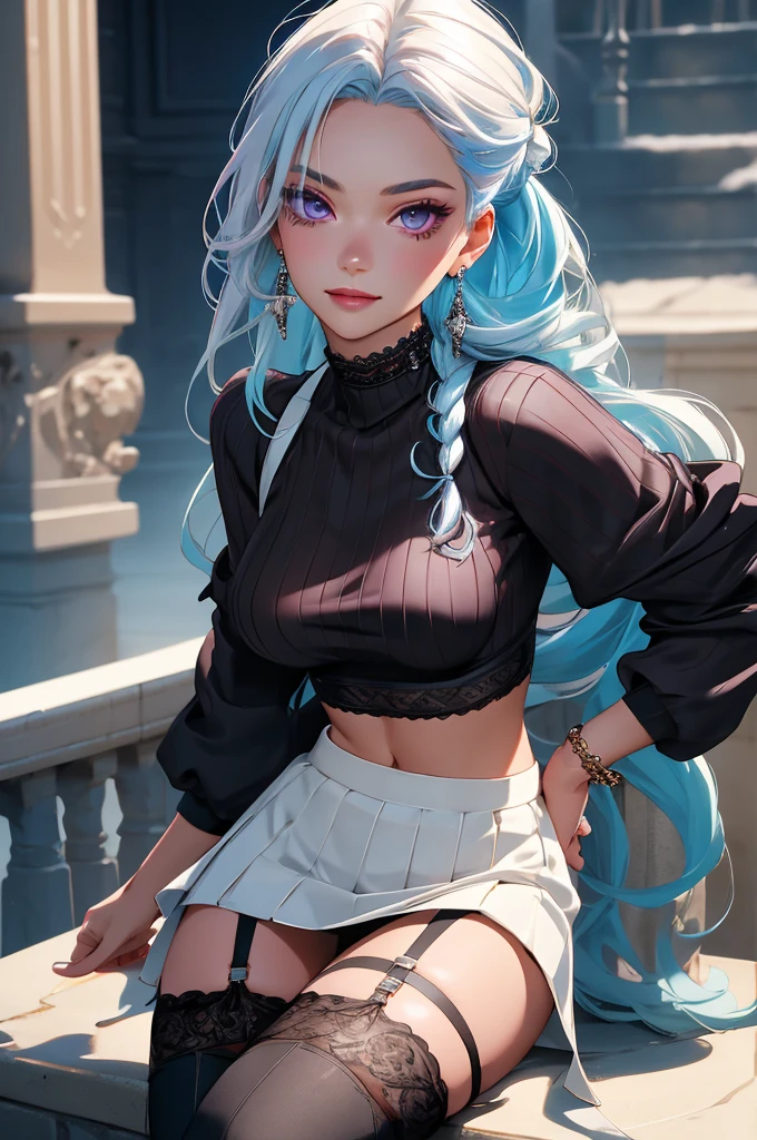 Master piece,best quality,ultra-detailed,high resolution,octane render,intricate details,absurdres,ultra hires,bishojyo,beautiful face,seductive young girl,full body,(perfect body),cool,Her face is extremely detailed and expressive.the girl exudes confidence and elegance,vibrant colors, girl, masterpiece, sharp focus, best quality, depth of field, cinematic lighting, multicolored two tone hair, blue hair, white hair, bright magenta eyes, white thighhighs with black lace, cropped top turtle neck sweater, black heels, smile, lava, twin braid, long flowing skirt, blush, long sleeve croptop, medium breasts, midriff, slim, navel, (garter belt,Stockings),silver thighlet,expensive,allure pose,black Choker with chains,bracelet with chains,silver earrings,blush stickers
