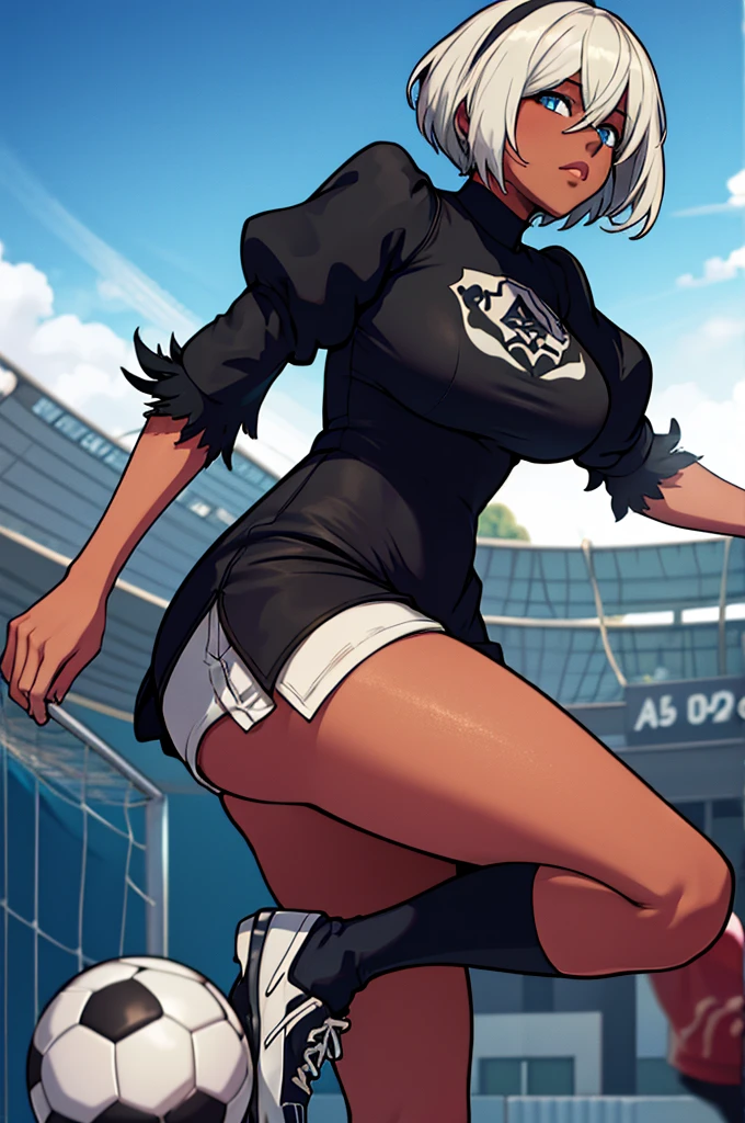 Yorha 2P dressed as an Argentine soccer player, dark skin, blue eyes, soccer shorts, soccer clothes.