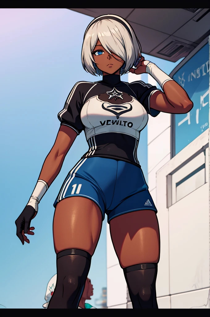 Yorha 2P dressed as an Argentine soccer player, dark skin, blue eyes, soccer shorts, soccer clothes.