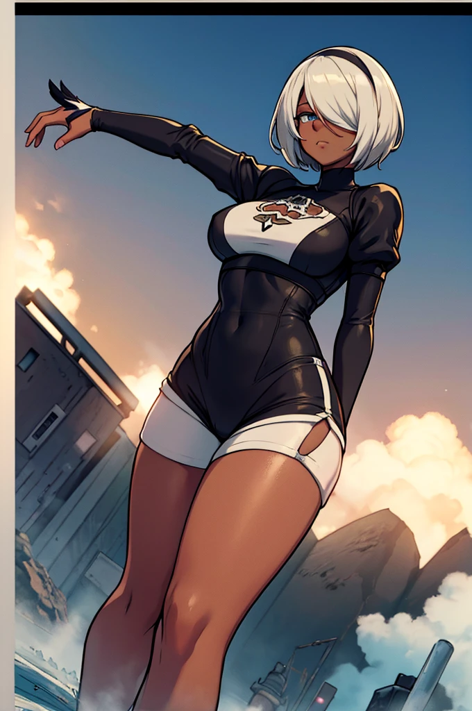 Yorha 2P dressed as an Argentine soccer player, dark skin, blue eyes, soccer shorts, soccer clothes.