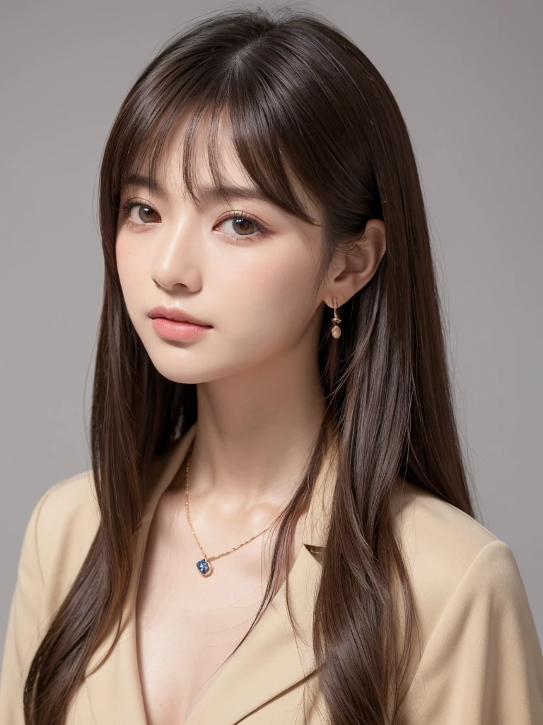 ((Highest quality, 8K, masterpiece:1.3)), concentrate: 1.2, Perfect body beauty: 1.4, Hips: 1.2, ((Long Hair, chest: 1.2)), (Dry clothes: 1.1) , (clear, Simple Background:1.3), Simple clothes: 1.1, Highly detailed face and skin texture,Delicate eyes, double eyelid, Whitened skin, Rough skin、Long Hair、Earrings with bangs、necklace、 solo、Beige coat、White shirt, (((Beautiful girl with cute Japan)))、 ((Beautiful Japanese girl 20 years old))、 ((Baby Face))、 (((Slender body)))、 Upper Body,Face focus、necklace,Simple Background,From above, Realistic Hair、 A photograph was taken:Canon EOS R6、135mm、1/1250 seconds、f2.8、ISO400、(Detailed explanation of the hand)、(Masseter muscle area)、(Exquisite CG)、Long Hair, loose and curly hair、Korean Hair、Long Hair明るいベージュ色、グラデーションハイライトグレージュのゆるふわLong Hairスタイル、