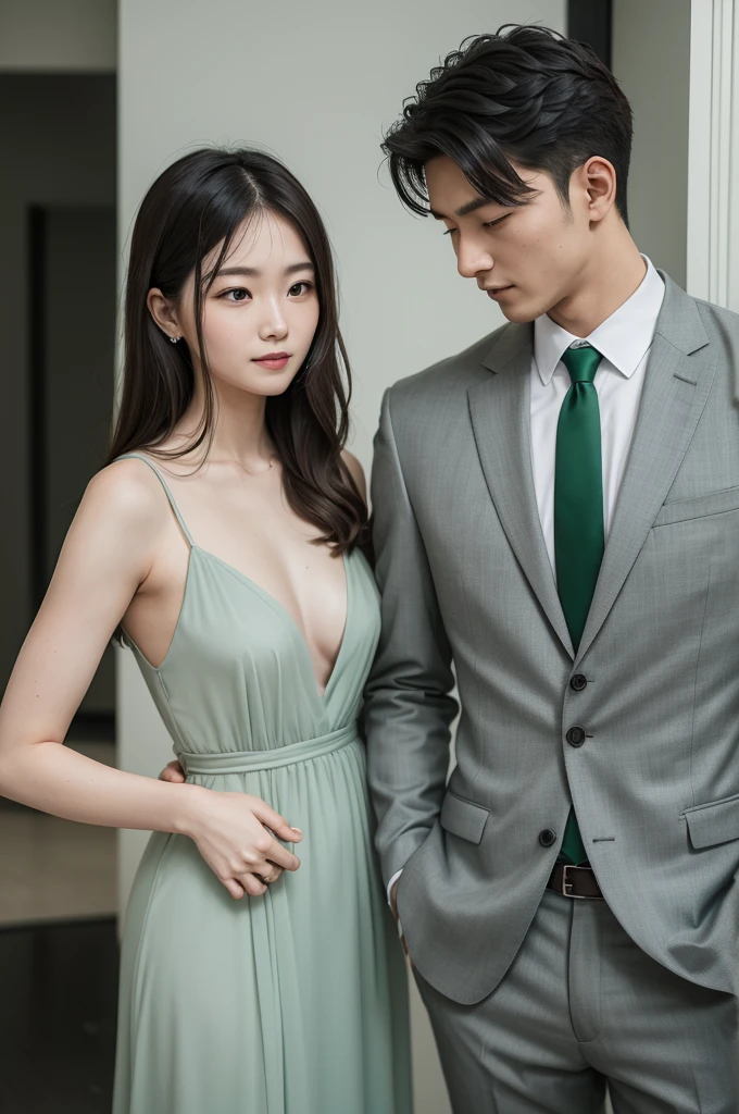 Photo of couple in light gray suit and green dress