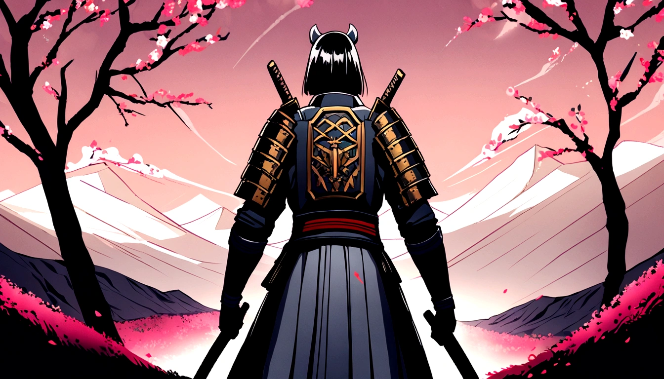 (Highest quality,High resolution:1.2),Super detailed,Traditional Japanese samurai armor,Back view,Severe,skilled swordsmanship,Classic Katana,The Samurai Code of Honor,Sacred Devotion,Authentic Japanese scenery,A quiet temple seen in the distance,Summer steppe,Subtle light and shadow,Sublime Art,Strokes,Thick black ink,Manga style,Traditional woodblock style,Vibrant colors,Delicate line drawing,Subtle incense scent,Serene atmosphere