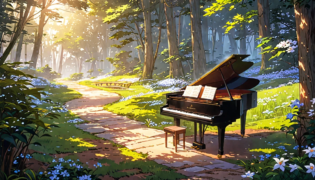 There is a piano on the forest path, Anime Background art, Beautiful peaceful scene in anime, Anime Art Wallpapers 8K, Background artwork, Anime Rush John 8k Woods, Relaxing concept art, anime nature wallpapers, anime art wallpaper 4k, anime art wallpaper 4k, arte koto no ha no niwa, Beautiful anime scenery, Anime Background、Gardenia flower