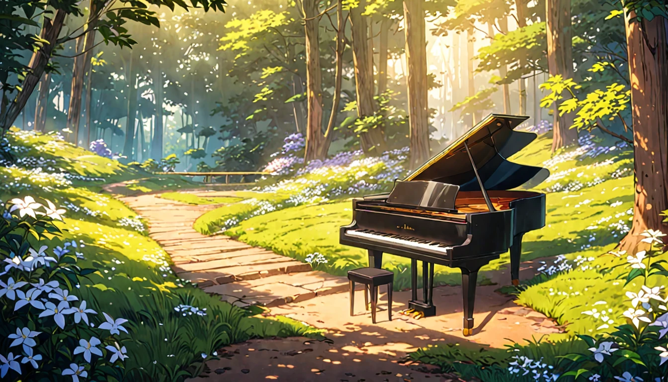 There is a piano on the forest path, Anime Background art, Beautiful peaceful scene in anime, Anime Art Wallpapers 8K, Background artwork, Anime Rush John 8k Woods, Relaxing concept art, anime nature wallpapers, anime art wallpaper 4k, anime art wallpaper 4k, arte koto no ha no niwa, Beautiful anime scenery, Anime Background、Gardenia flower