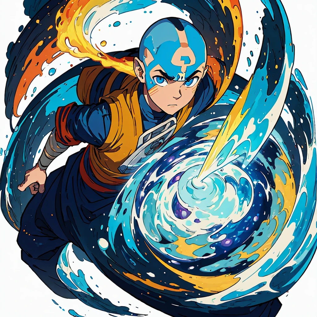 (best quality, masterpiece, colorful,highest detailed), (aang_avatar),solo, , aang_avatar, male, bald, dynamic, surrounded by the four elements (water, earth, fire, air), ((white background)),(high contrast, extreme detailed, highest detailed),