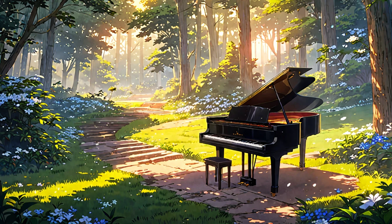 There is a piano on the forest path, Anime Background art, Beautiful peaceful scene in anime, Anime Art Wallpapers 8K, Background artwork, Anime Rush John 8k Woods, Relaxing concept art, anime nature wallpapers, anime art wallpaper 4k, anime art wallpaper 4k, arte koto no ha no niwa, Beautiful anime scenery, Anime Background、Gardenia flower