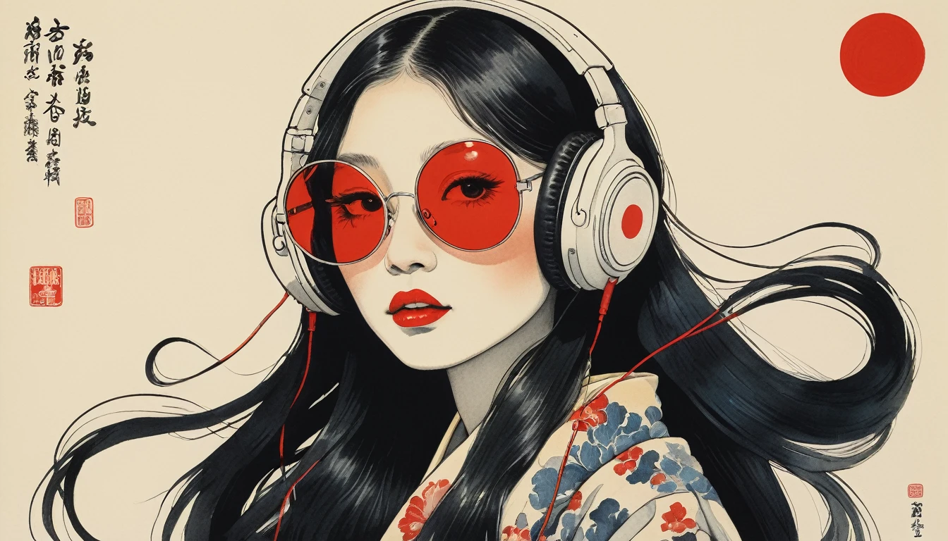 Skeleton, Red lipstick, Long Hair, Sunglasses with pale yellow lenses, Katsushika Hokusai, Ink Painting, Japanese style headphones, dance, Modern ukiyo-e style, Red Eyes