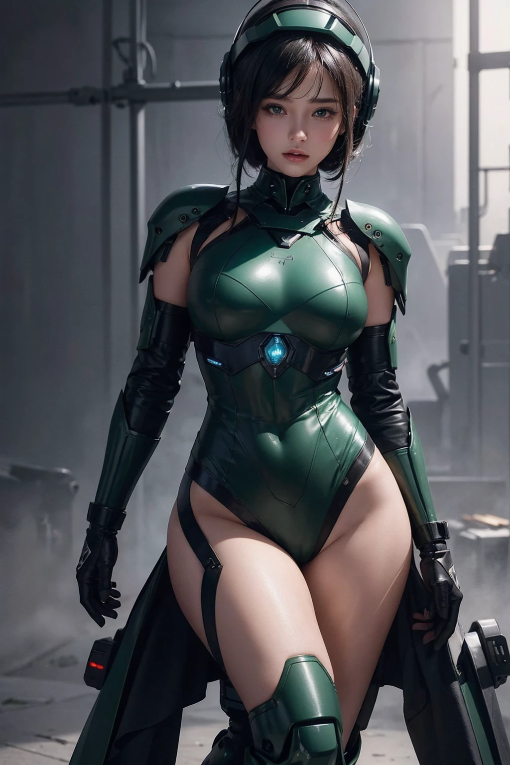 Highest quality,Outstanding details,Ultra-high resolution,(Realism:1.4),The best illustration,Favor the details,Highly cohesive 1girl,He has a delicate and beautiful face,Dressed in a black-green mech,Wearing a mecha helmet,Hold the direction controller,Riding on a motorcycle,The background is a high-tech lighting scene in the future city。