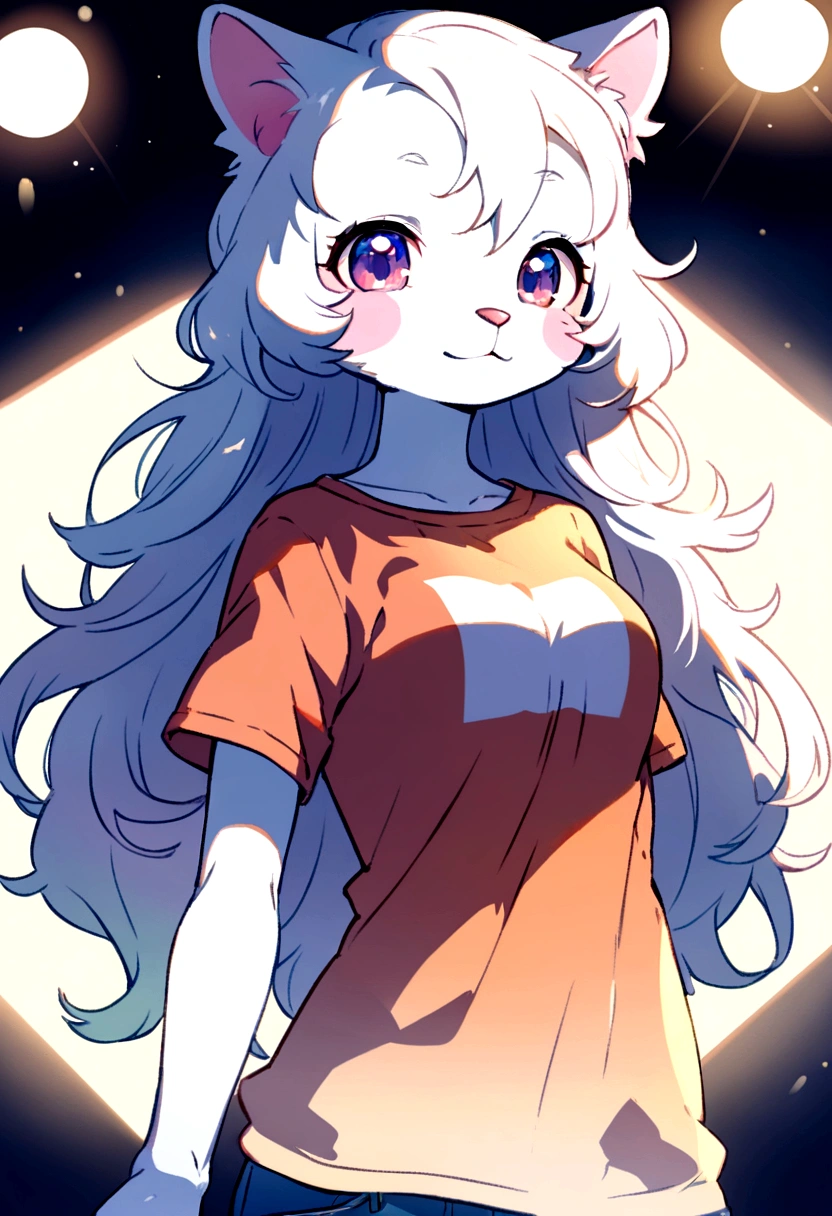 Female gender,furry, White skin, ultra cute face, elements in the skin, shiny t-shirt, Beautiful lights and shadows, ambient light, Ultra detailed skin, volumetric light,in watercolor style, illustration,anime