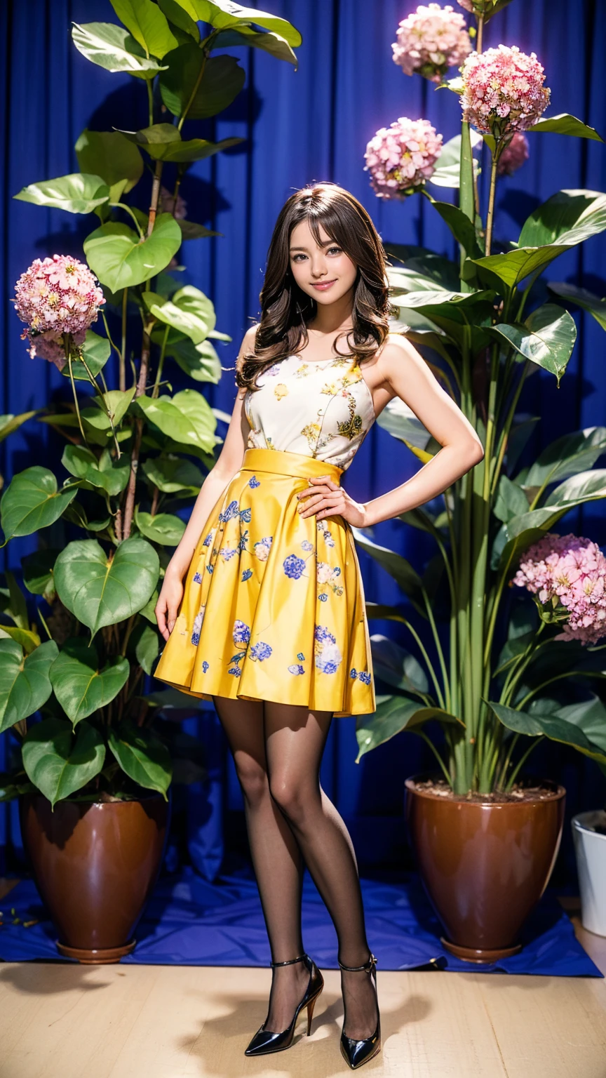 ((masterpiece)),(((Highest quality))),Thin thighs,Long legs,whole body:1.5,(One Girl:1.3),(Black pantyhose and thick pointy heels:1.3),(Wearing a mini mini mini flare skirt dress with floral and ornamental plant patterns:1.2),Short Blonde:1.2、Model pose,high waist:1.5、Standing with legs apart:1.5,Cute pose with hands on hips:1.5,The best smile:1.5,