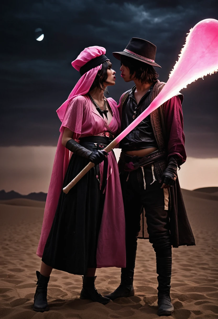 AtomicHeartTwins Cosplay in Absolute Darkness, Deeply without light, Holding a black and pink heart-shaped baseball bat,
Pointy hat, clear translucent skin, Describe the fascinating scene captured in this vintage photograph:A Bedouin artist expertly swallows a giant sword,Similar style《Final Fantasy》, In the fascinated audience. Provides detailed information about the artist's clothing, The intricate design of this sword, and the expressions of the onlookers as they witnessed this extraordinary performance., excellent quality, masterpiece, best quality, Ultra Detailed, Extremely detailed, Ultra HD, Perfect anatomical structure, portrait, Degrees of Freedom, Surrealism, majestic, Astonishing, Inspiring, close up, A weathered and worn fantasy cloak, Smooth, close up, author:Urges, Rust paint peeling, Atmospheric haze, Film composition, Soft shadows, National Geographic Style