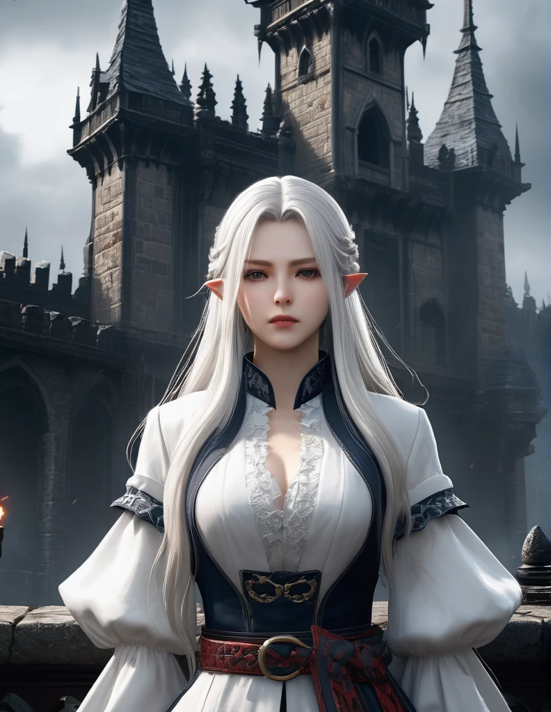 quality(8k wallpaper of extremely detailed CG unit, masterpiece, hight resolution, top-quality, top-quality real texture skin,hyper realisitic, digitial painting,increase the resolution,RAW photos,best qualtiy,highly detailed,the wallpaper),BREAK,8K, Girl, Dvd 80 bloodborne darkfantasy, onmyoji-style art, standing in middle of ghotic castle, white long hair,