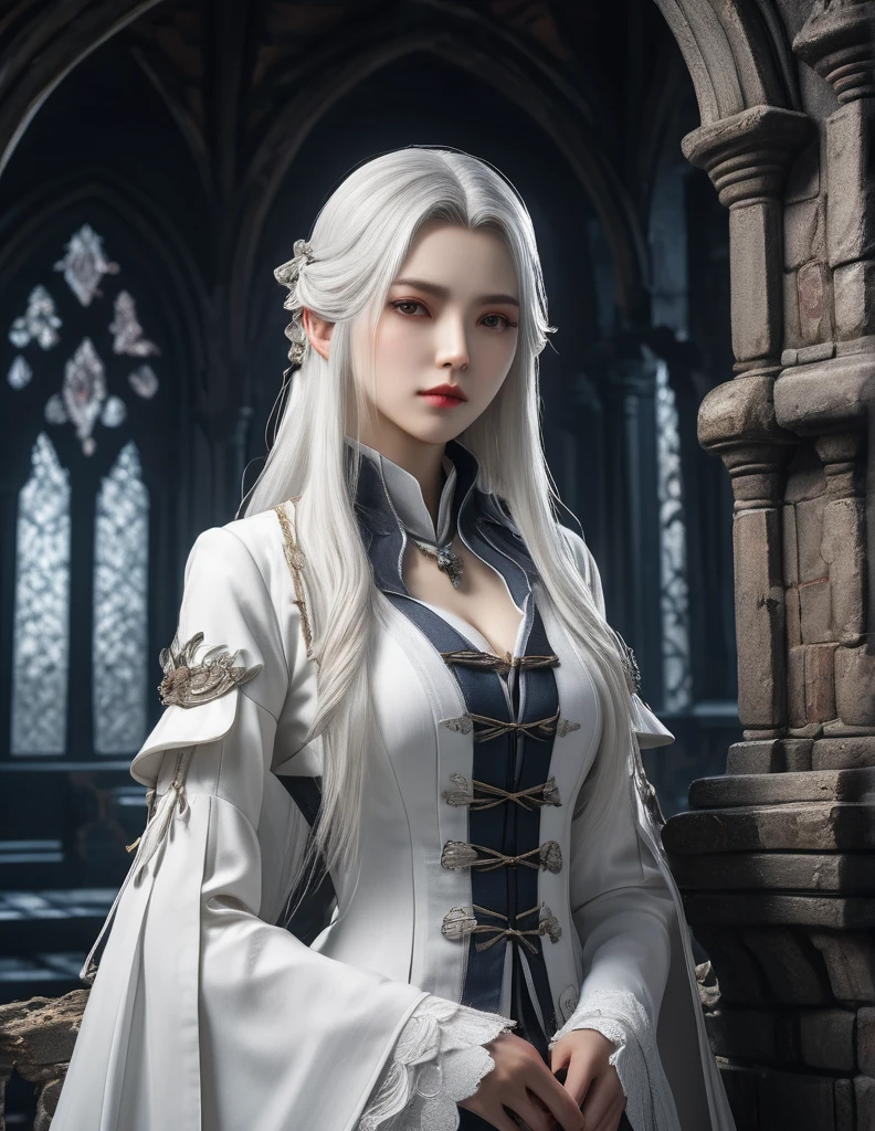 quality(8k wallpaper of extremely detailed CG unit, ​masterpiece, hight resolution, top-quality, top-quality real texture skin,hyper realisitic, digitial painting,increase the resolution,RAW photos，best qualtiy,highly detailed,the wallpaper),BREAK,8K, Girl, Dvd 80 bloodborne darkfantasy, onmyoji-style art, standing in middle of ghotic castle, white long hair, 