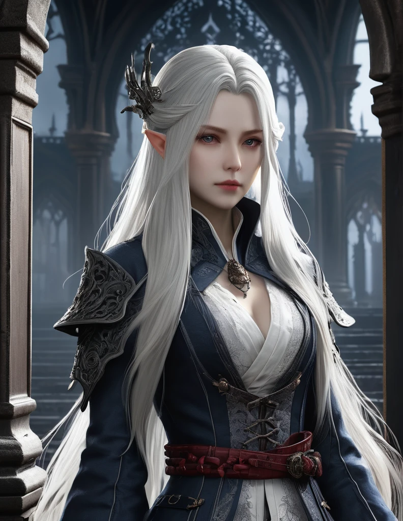 quality(8k wallpaper of extremely detailed CG unit, masterpiece, hight resolution, top-quality, top-quality real texture skin,hyper realisitic, digitial painting,increase the resolution,RAW photos,best qualtiy,highly detailed,the wallpaper),BREAK,8K, Girl, Dvd 80 bloodborne darkfantasy, onmyoji-style art, standing in middle of ghotic castle, white long hair,