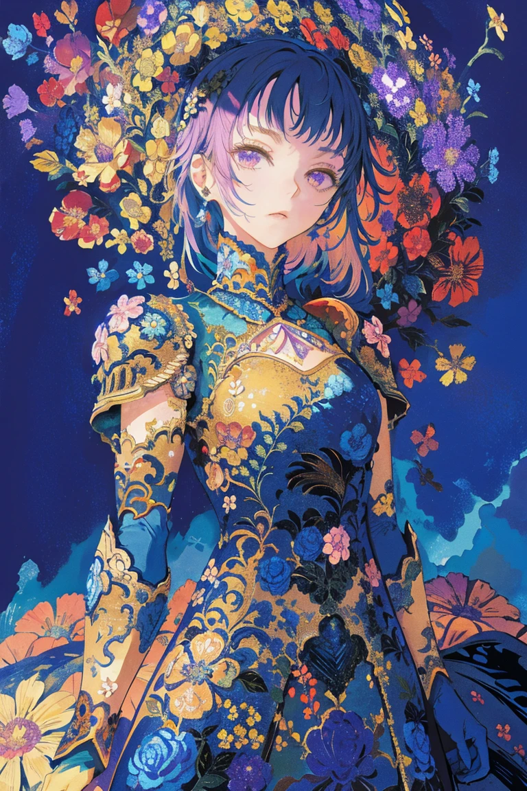 woman, flower dress, colorful, epic background,flower armor, blue theme,