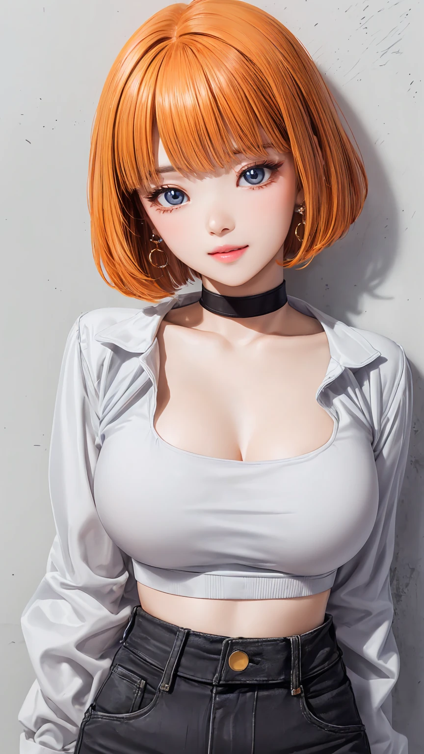 (masterpiece, best quality, (1girl:1.5), solo, intricate details, chromatic aberration), ((short wavy hair, bangs, (black eyes:1.5), blunt bangs, orange hair, bob cut)), small earrings, sharp eyes, choker, (large breasts: 1.2), cleavage, light smile, (black crop top, thin material, jean shorts), open waist, (symmetry eyes), (perfect symmetrical body), night, (((natural light))), backlighting, against grey wall, look at viewer, (((centered shot, from front, face and waist))),