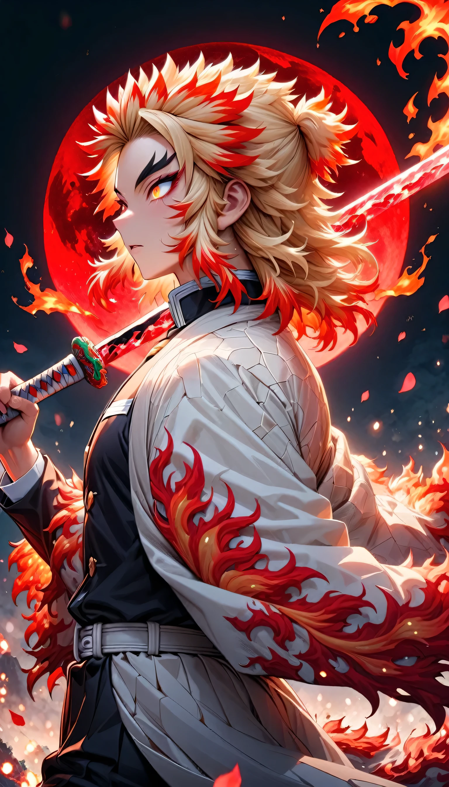 Super detailed, High resolution, Absurd, High resolution, masterpiece, Rengoku Kyojuro, Blonde, Expressive golden eyes, White Haori with a Flame Pattern, Black Demon Slayer uniform, Kimetsu no Yaiba, Fantasy, petal, Red flower, good looking, sexy man Grabbing a sword, alone, magic, shining red fireflies, Red Moon, Highest quality, Highly detailed face and eyes, fire, Grabbing a sword、Back view、Flame background