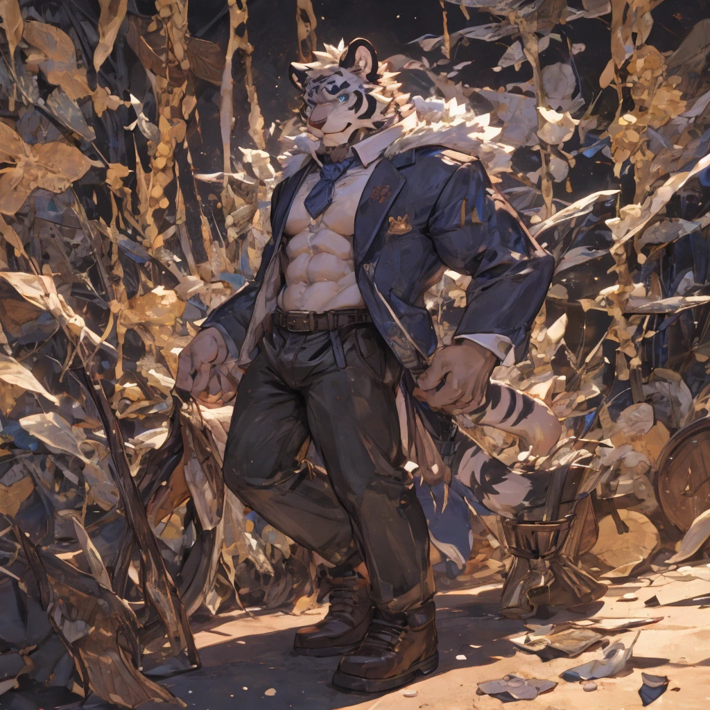 {{bara extremely handsome white tiger,}} {{white fur,}} white, wearing elegant ornate suit jacket, trousers, white dress shirt and necktie, white fluffy furry body and limbs, loafers, very tall, very broad shoulders, narrow waist, muscular arms, massive pecs, purple eyes, very long legs, massive bulge, sophisticated hot look, 3/4 view, best quality, high detail, CG image, character splash art, silver earring on left ear, sultry smirk